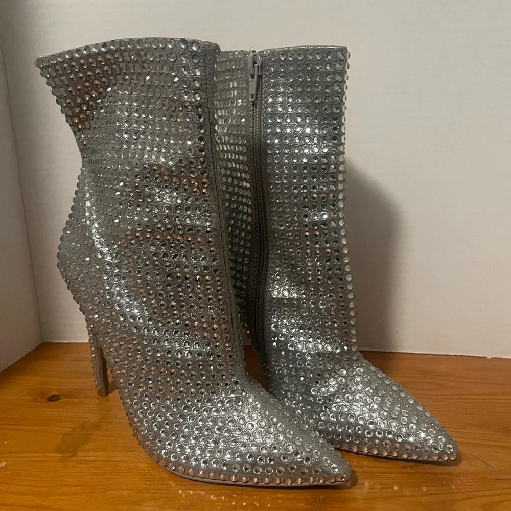 Silver Rhinestone Women's Heels ankle boots - Picture 3 of 11